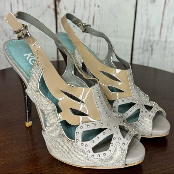 KG KURT GEIGER DENIM, Calf, PATENT Leather Laser Cut Studded heeled Sandals 37 - Picture 1 of 16